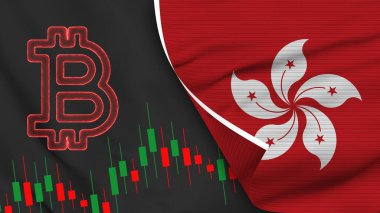 Hong Kong Realistic Flag with Bitcoin Icon Fabric Texture Effect 3D Illustration