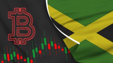 Jamaica Realistic Flag with Bitcoin Icon Fabric Texture Effect 3D Illustration