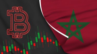 Morocco Realistic Flag with Bitcoin Icon Fabric Texture Effect 3D Illustration