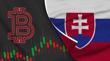 Slovakia Realistic Flag with Bitcoin Icon Fabric Texture Effect 3D Illustration