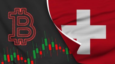 Switzerland Realistic Flag with Bitcoin Icon Fabric Texture Effect 3D Illustration