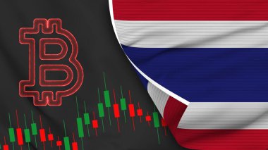 Thailand Realistic Flag with Bitcoin Icon Fabric Texture Effect 3D Illustration