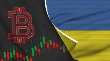 Ukraine Realistic Flag with Bitcoin Icon Fabric Texture Effect 3D Illustration