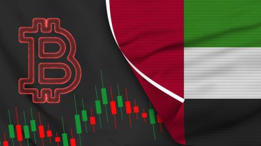 United Arap Emirates Realistic Flag with Bitcoin Icon Fabric Texture Effect 3D Illustration