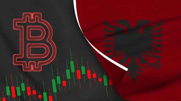 Albania Realistic Flag Bitcoin Icon Fabric Texture Effect Illustration — 스톡 사진