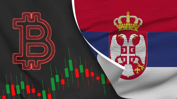 Servië Realistische Vlag Met Bitcoin Pictogram Stof Textuur Effect Illustratie — Stockfoto