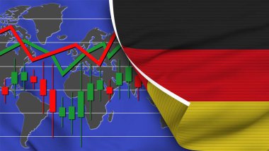 Almanya Gerçekçi Bayrak, Borsa, Dünya Haritası, Kumaş Doku Efekti 3B İllüstrasyon