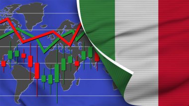 İtalya Gerçekçi Bayrak, Borsa, Dünya Haritası, Kumaş Doku Efekti 3B İllüstrasyon