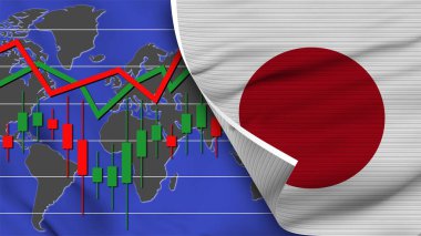 Japon Gerçekçi Bayrağı, Borsa, Dünya Haritası, Kumaş Doku Efekti 3B İllüstrasyon