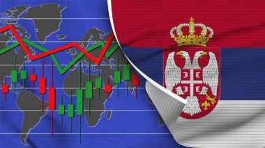 Sırbistan Gerçekçi Bayrak, Borsa, Dünya Haritası, Kumaş Dokusu Etkisi 3B İllüstrasyon