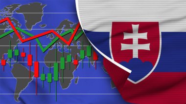 Slovakya Gerçekçi Bayrağı, Borsa, Dünya Haritası, Kumaş Doku Efekti 3B İllüstrasyon