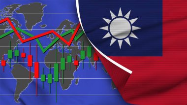 Tayvan Gerçekçi Bayrağı, Borsa, Dünya Haritası, Kumaş Doku Efekti 3B İllüstrasyon