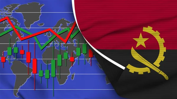 Ангола Реалистичный Флаг Фондовый Рынок Карта Мира Эффект Текстуры Ткани — стоковое фото