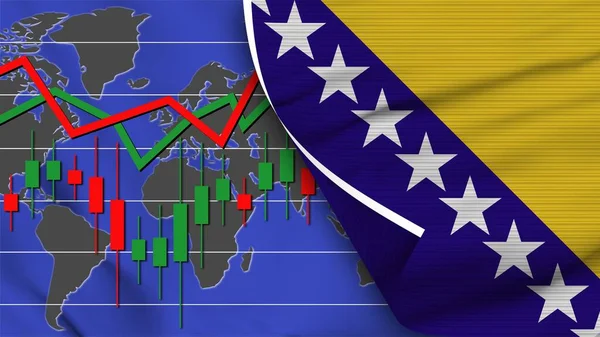 Bósnia Herzegovina Bandeira Realista Mercado Financeiro Ações Mapa Mundo Efeito — Fotografia de Stock