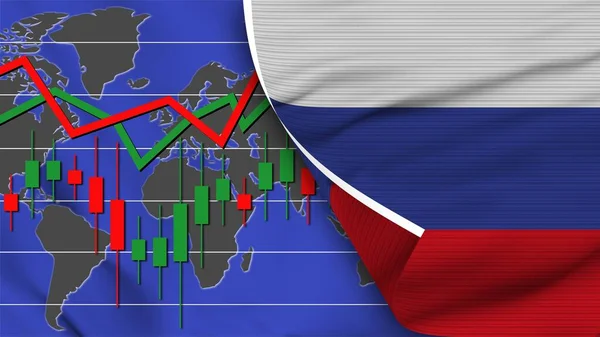 Реалистичный Флаг России Фондовый Рынок Карта Мира Эффект Текстуры Ткани — стоковое фото