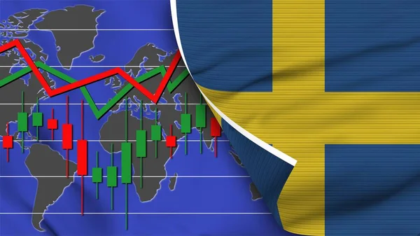 Sweden Realistic Flag Stock Finance Market World Map Fabric Texture — Stock Photo, Image