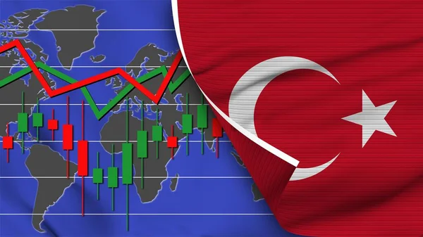 Turkiet Realistisk Flagga Stock Finance Market Världskarta Tyg Textur Effekt — Stockfoto