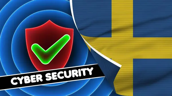 Svezia Bandiera Realistica Con Cyber Security Titolo Tessuto Texture Effect — Foto Stock