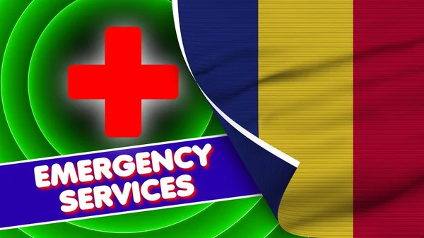 Rumänien Realistisk Flagga Med Räddningstjänst Title Tyg Textur Effekt Illustration — Stockfoto