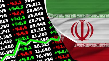 Iran Realistic Flag, Stock Finance Market Rising, Fabric Texture Effect 3D Illustration
