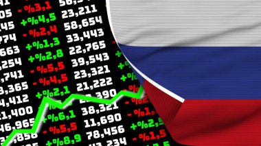 Russia Realistic Flag, Stock Finance Market Rising, Fabric Texture Effect 3D Illustration