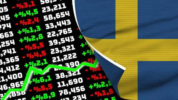 Sweden Realistic Flag Stock Finance Market Rising Fabric Texture Effect — Stok fotoğraf