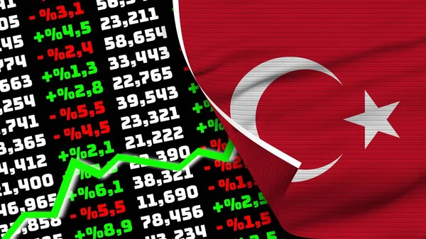 Turkey Realistic Flag, Stock Finance Market Rising, Fabric Texture Effect 3D Illustration
