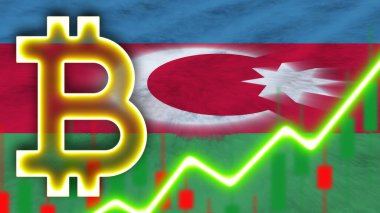 Neon Işık Efektli Azerbaycan Gerçekçi Bayrağı Bitcoin Simgesi Radyal Görüntü Efekti Kumaş Doku Efekti 3B İllüstrasyon