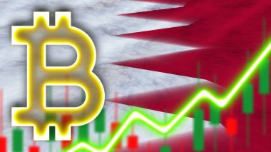 Neon Işık Efektli Bahreyn Gerçekçi Bayrağı Bitcoin Simgesi Radyal Görüntü Kumaş Doku Efekti 3B İllüstrasyon