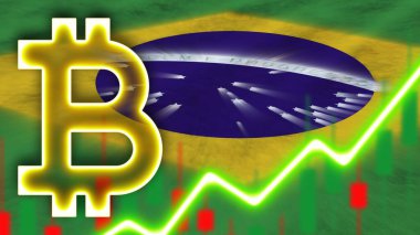 Neon Işık Efektli Brezilya Gerçekçi Bayrağı Bitcoin Simgesi Radyal Görüntü Kumaş Doku Efekti 3B İllüstrasyon