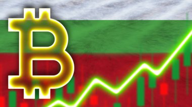 Bulgaristan 'ın Neon Işığı Efektli Gerçekçi Bayrağı Bitcoin Simgesi Radyasyon Görüntü Efekti Kumaş Doku Efekti 3B İllüstrasyon