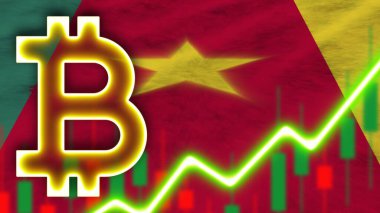 Neon Işık Efektli Kamerun Gerçekçi Bayrağı Bitcoin Simgesi Radyasyon Görüntü Efekti Kumaş Doku Efekti 3B İllüstrasyon