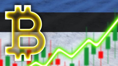 Neon Işık Efektli Estonya Gerçekçi Bayrağı Bitcoin Simgesi Radyasyon Görüntü Kumaş Doku Efekti 3B İllüstrasyon
