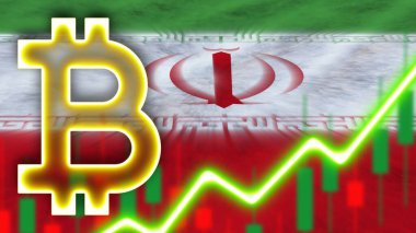 Neon Işık Efektli İran Gerçekçi Bayrağı Bitcoin Simgesi Radyal Görüntü Kumaş Doku Efekti 3B İllüstrasyon