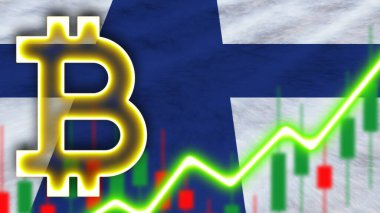 Finlandiya Gerçekçi Bayrağı Neon Işık Efekti Bitcoin Simgesi Radyal Görüntü Kumaş Dokusu Efekti 3B Resim Efekti