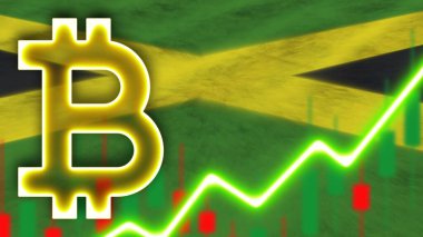 Neon Işık Efektli Jamaika Gerçekçi Bayrağı Bitcoin Simgesi Radyal Görüntü Kumaş Doku Efekti 3D İllüstrasyon