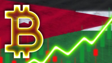 Neon Işık Efektli Ürdün Gerçekçi Bayrağı Bitcoin Simgesi Radyasyon Görüntü Kumaş Doku Efekti 3D İllüstrasyon