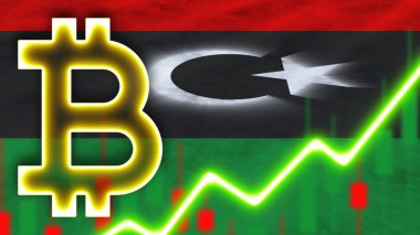 Neon Işık Efektli Libya Gerçekçi Bayrağı Bitcoin Simgesi Radyal Görüntü Kumaş Doku Efekti 3B İllüstrasyon