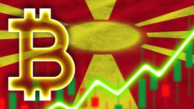 Makedonya 'nın Neon Işığı Efektli Gerçekçi Bayrağı Bitcoin Simgesi Radyasyon Görüntü Efekti Kumaş Doku Efekti 3B İllüstrasyon