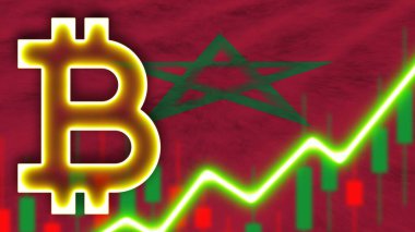 Neon Işık Efektli Fas Gerçekçi Bayrağı Bitcoin Simgesi Radyasyon Görüntü Efekti Kumaş Doku Efekti 3B İllüstrasyon