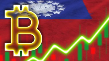 Myanmar Burma Gerçekçi Bayrağı Neon Işık Efekti Bitcoin Simgesi Radyal Görüntü Kumaş Doku Efekti 3D İllüstrasyon