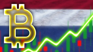 Neon Işık Efektli Hollanda Gerçekçi Bayrağı Bitcoin Simgesi Radyal Görüntü Kumaş Doku Efekti 3B İllüstrasyon
