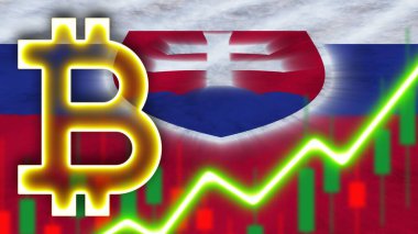Neon Işık Efektli Slovakya Gerçekçi Bayrağı Bitcoin Simgesi Radyasyon Görüntü Efekti Kumaş Doku Efekti 3B İllüstrasyon