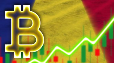 Neon Işık Efektli Romanya Gerçekçi Bayrağı Bitcoin Simgesi Radyasyon Görüntü Kumaşı Doku Efekti 3B İllüstrasyon