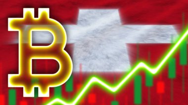 Neon Işık Efektli İsviçre Gerçekçi Bayrağı Bitcoin Simgesi Radyasyon Görüntü Kumaş Doku Efekti 3D İllüstrasyon