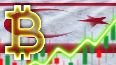 Neon Işık Efektli Kıbrıs Gerçekçi Bayrağı Bitcoin Simgesi Radyasyon Görüntü Kumaş Doku Efekti 3B İllüstrasyon Efekti