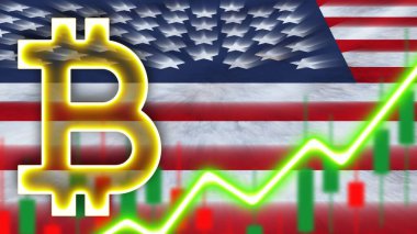 Amerika Birleşik Devletleri Neon Işık Efektli Gerçekçi Bayrak Bitcoin Simgesi Radyal Görüntü Kumaş Doku Efekti 3D İllüstrasyon