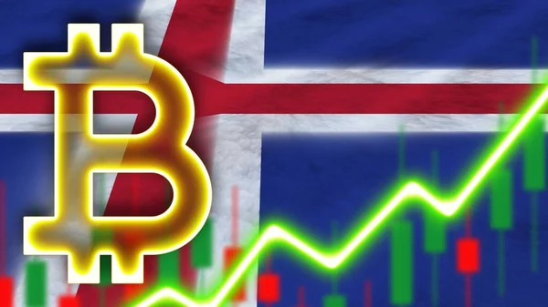 2018 Iceland Realistic Flag Neon Light Effect Bitcoin Icon Radial — 스톡 사진