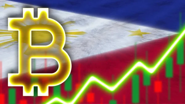 Bandeira Realista Das Filipinas Com Efeito Luz Néon Bitcoin Icon — Fotografia de Stock