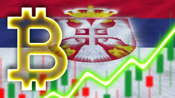 Serbien Realistische Flagge Mit Neon Lichteffekt Bitcoin Icon Radial Blur — Stockfoto